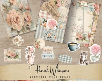 May include: A selection of floral-themed paper ephemera, including a vertical file folio, stickers, and a coffee cup. The designs feature roses, vintage patterns, and the text "Floral Whispers". The colour palette includes soft pinks, blues, and creams.