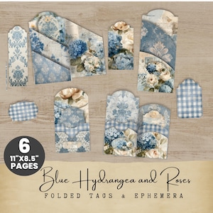 Puede incluir: Un conjunto de efímeras de papel azul y blanco, que incluye etiquetas plegadas y bolsillos, con diseños florales y de damasco. El conjunto incluye 6 páginas, cada una de 27,9 cm x 21,6 cm. El texto de la imagen dice "Blue Hydrangea and Roses, Folded Tags & Ephemera."