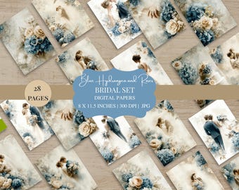 Blue Hydrangea & Rose Bridal Digital Papers: Vintage Floral Wedding Backgrounds BH001