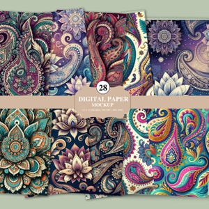 Puede incluir: Maqueta de papel digital con 28 diseños de paisley y florales intrincados en tonos de verde azulado, morado y dorado. El texto en la imagen dice "DIGITAL PAPER MOCKUP 12 X 12 INCHES 300 DPI JPG, PNG."