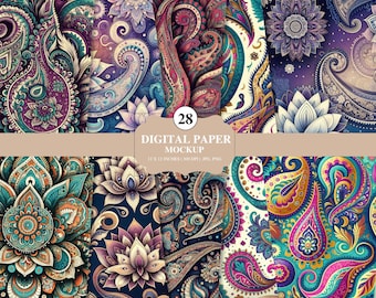 Boho Paisley Digital Paper Bundle - 28 Ethnic Colorful Floral Mandala Backgrounds, 12x12&quot;, 300 DPI JPG - Junk Journal Scrapbooking, Download