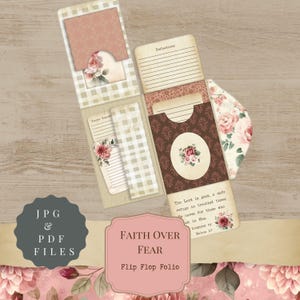 May include: A multi-compartment flip flop folio with floral and plaid patterns. The folio includes lined paper, pockets, and decorative floral accents. Text on the folio reads "Faith Over Fear" and "Flip Flop Folio."