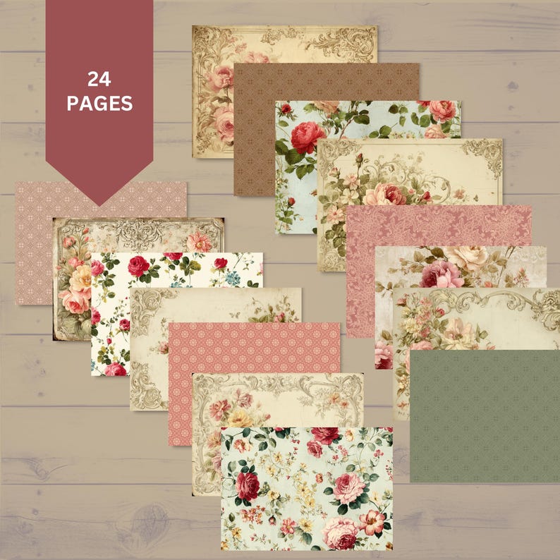 Floral Scrapbook Paper: Vintage Rose and Patterns (24 Digital Pages ...