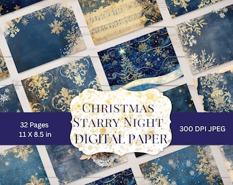 Christmas Starry Night Digital Paper, 32 Navy Blue and Gold Christmas Backgrounds, Holiday Scrapbook Paper 11 X 8.5 inches