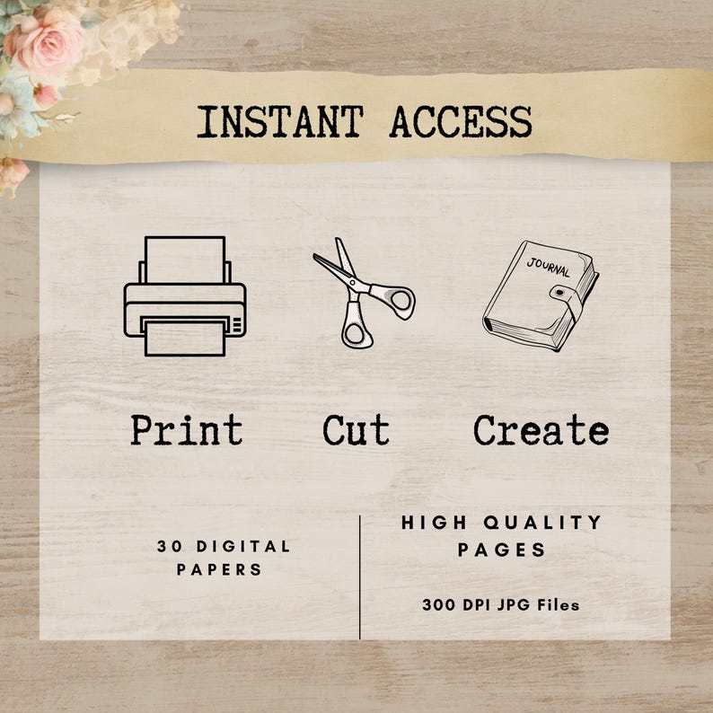 The image is a promotional graphic for a service that provides instant access to 30 digital papers, high-quality pages, and 300 high-quality images.