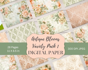 Antique Blooms Digital Paper Variety Pack 1 Shabby Floral Damask Printable Junk Journal Pages Ephemera Kit 28 Pages Vintage Download AB001