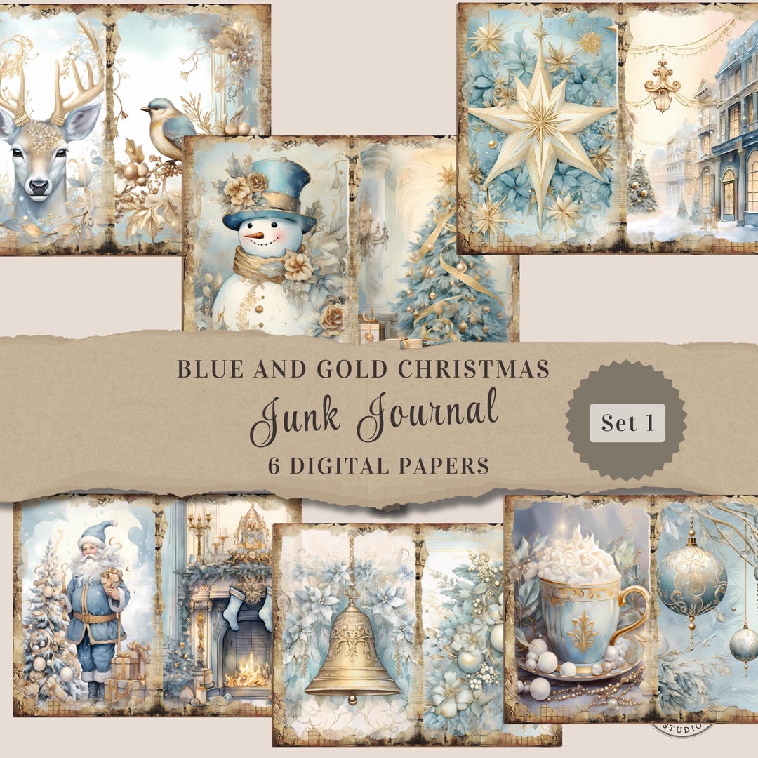 Vintage Christmas Blue Gold Junk Journal - Printable Pages - Digital ...