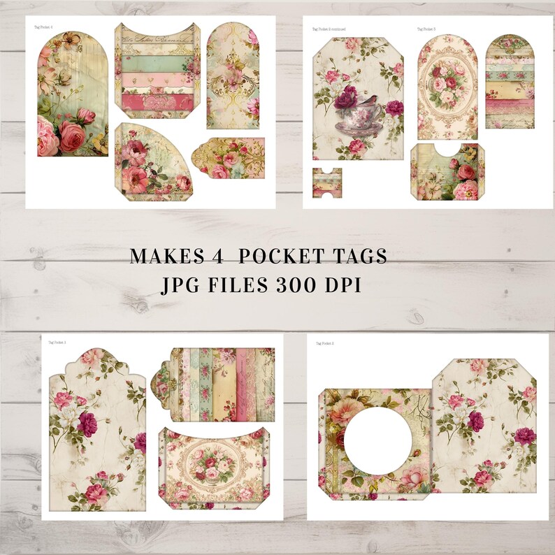 Rose Junk Journal Tags, Printable Pocket Tags Kit, Shabby Chic Ephemera ...
