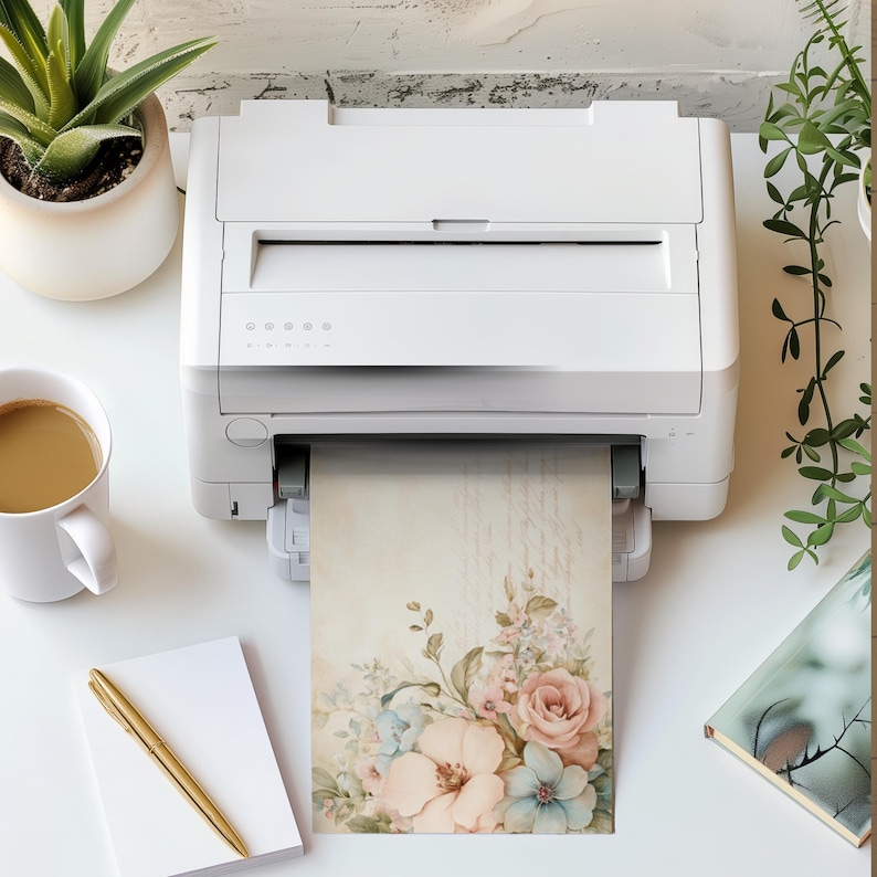 a white printer on a desk, with a floral printout visible, along with a cup of coffee, a pen, a notebook, and a potted plant.