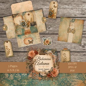 May include: A digital craft kit featuring a foldable folio, gift tags, and floral embellishments with a vintage aesthetic. The central piece displays the text Bohemian Autumn Secret Square Folio. Includes 3 pages measuring 11 by 8.5 inches.