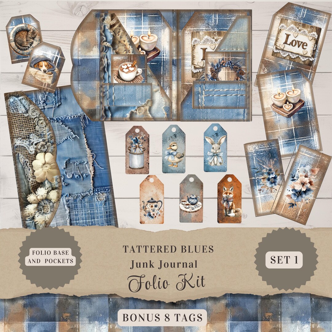 Denim Tattered Blues Junk Journal Folio Kit - Cozy Vintage Denim Theme ...