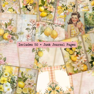 The image is a collage of various vintage-style photographs featuring lemon and floral motifs, including images of lemons, flowers, and a woman in a yellow dress.