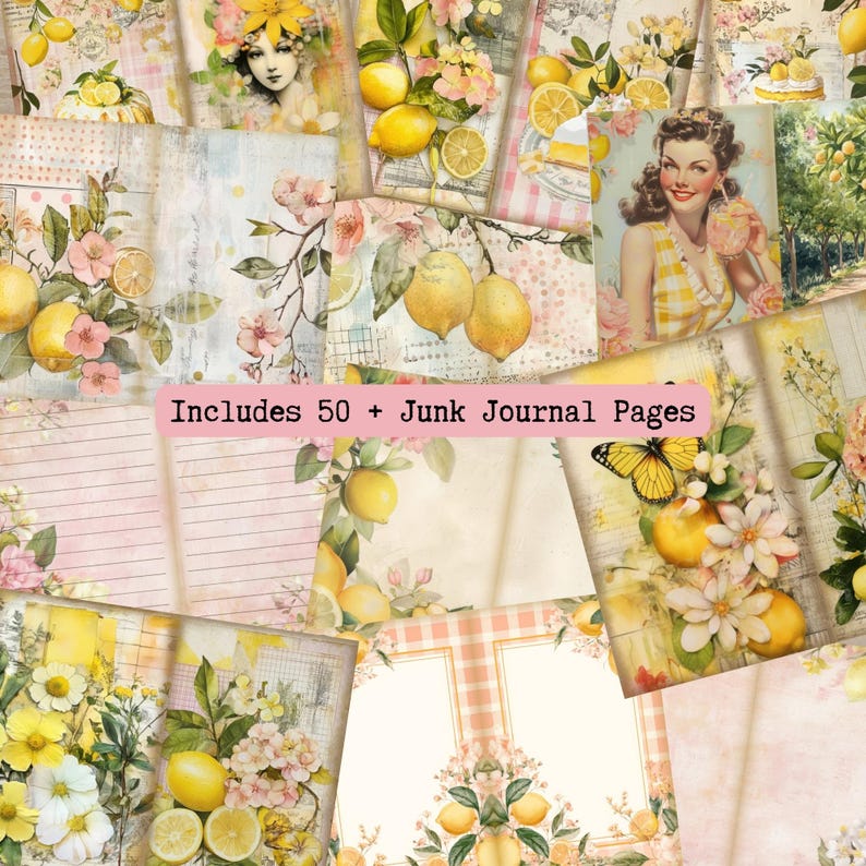 The image is a collage of various vintage-style photographs featuring lemon and floral motifs, including images of lemons, flowers, and a woman in a yellow dress.