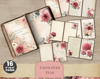 Christian Junk Journal-pagina's Faith Over Fear Afdrukbare roos met Schriftteksten FBS001