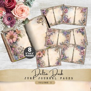 Floral Junk Journal - 8 afdrukbare pagina's met vintage bloemen, verouderd papier digitale kit, boho-ephemera instant download DD01