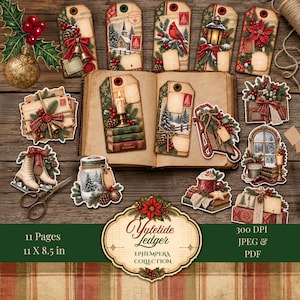 May include: A collection of Christmas-themed paper ephemera featuring gift tags, vintage-style illustrations of winter scenes, poinsettias, lanterns, candles, and holiday greenery arranged around an open book on a wooden surface.