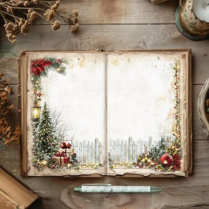 Puede incluir: Un libro vintage abierto con una escena navideña en las páginas. La página izquierda presenta un árbol de Navidad decorado con luces y una caja de regalo roja. La página derecha tiene una valla blanca de madera con un adorno navideño rojo.