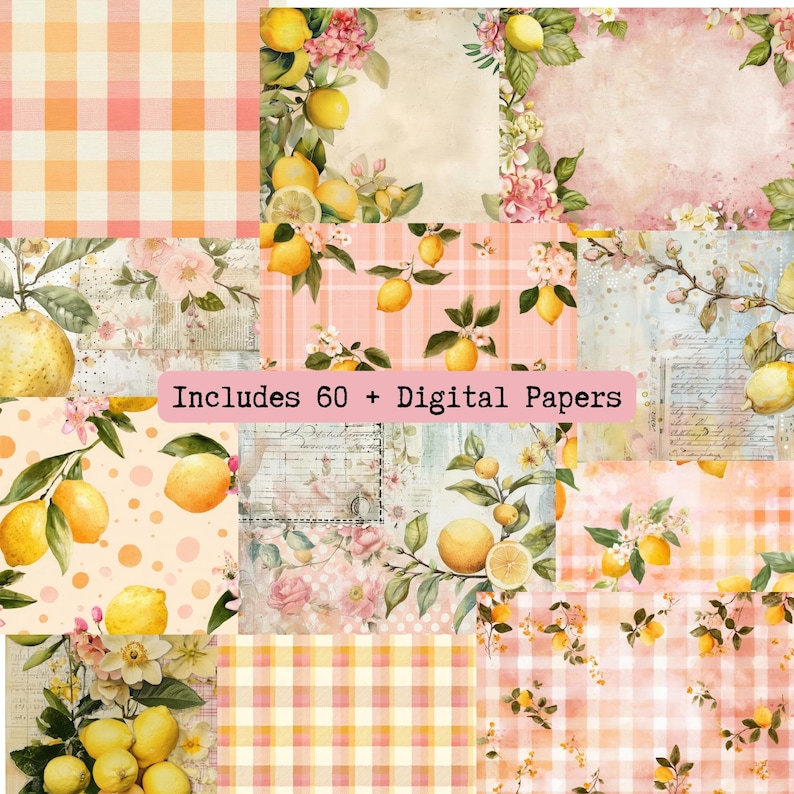 The image is a collage of various images featuring lemon and floral patterns, including lemon trees, flowers, and checkered or plaid patterns.