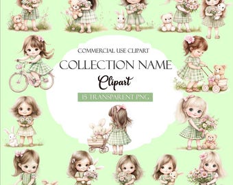 Cute Cottage Core Girls Clipart, Toddler Girl Clipart, PNG Junk Journal, Vintage Girls, Watercolor png Bundle, Nursery print, Scrapbooking,