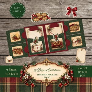 May include: A 12 Days of Christmas specimen pocket folio kit featuring dark green and maroon panels with vintage-style illustrations of holiday motifs, including gold rings, holly, candles, and envelopes, with text labels and a red ribbon bow.