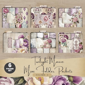 May include: A set of six mini folder pockets with floral and vintage designs. The folders feature a mauve, purple, and cream colour palette, with floral and patterned accents. The text "Twilight Mauve Mini Folder Pockets Volume I" is also visible.