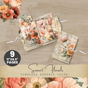 May include: A collection of nine pages, each measuring 11" x 8.5", featuring floral designs in shades of peach, cream, and brown. The pages are tied with white ribbons and include the text "Sunset Florals: Timeless Reverie Folio."