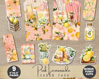 Pink Lemonade Geladene Tags Junk Journal Kit - Druckbare Ephemera, Digitales Scrapbook Zubehör, Sommer Zitrus DIY Handwerk PL001