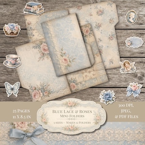 May include: A collection of digital paper and mini-folder templates featuring blue lace and rose patterns. The set includes 25 pages, 11 x 8.5 inches in size, provided in JPEG and PDF formats. Decorative elements include a butterfly, teacup, and cherub.