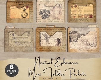 May include: A set of six mini folder pockets with a vintage aesthetic. Each folder has a unique design with antique paper textures, illustrations, and handwritten script. The folders are in shades of brown and beige, with the text "Neutral Ephemera Mini Folder Pockets Volume I".