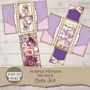 Purple Peonies Trifold Folio Kit | Printable Junk Journal Folio | Floral Ephemera Kit | Easy DIY Foldable Pockets | Digital Download