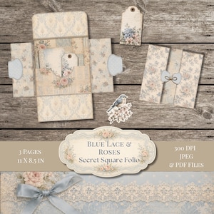 Pode incluir: Um kit de artesanato digital intitulado Blue Lace & Roses Secret Square Folio, contendo 3 páginas de designs imprimíveis de 11 x 8,5 polegadas com padrões de rosas, renda azul, uma ilustração de pássaro e um modelo de fólio.