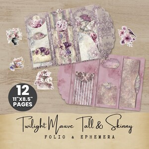 May include: A Twilight Mauve Tall & Skinny folio and ephemera set. The set includes 12 pages, each measuring 27.9 cm x 21.6 cm. The design features a floral and damask pattern in shades of purple, pink, and cream. Decorative elements include a birdcage, flowers, and a teacup.