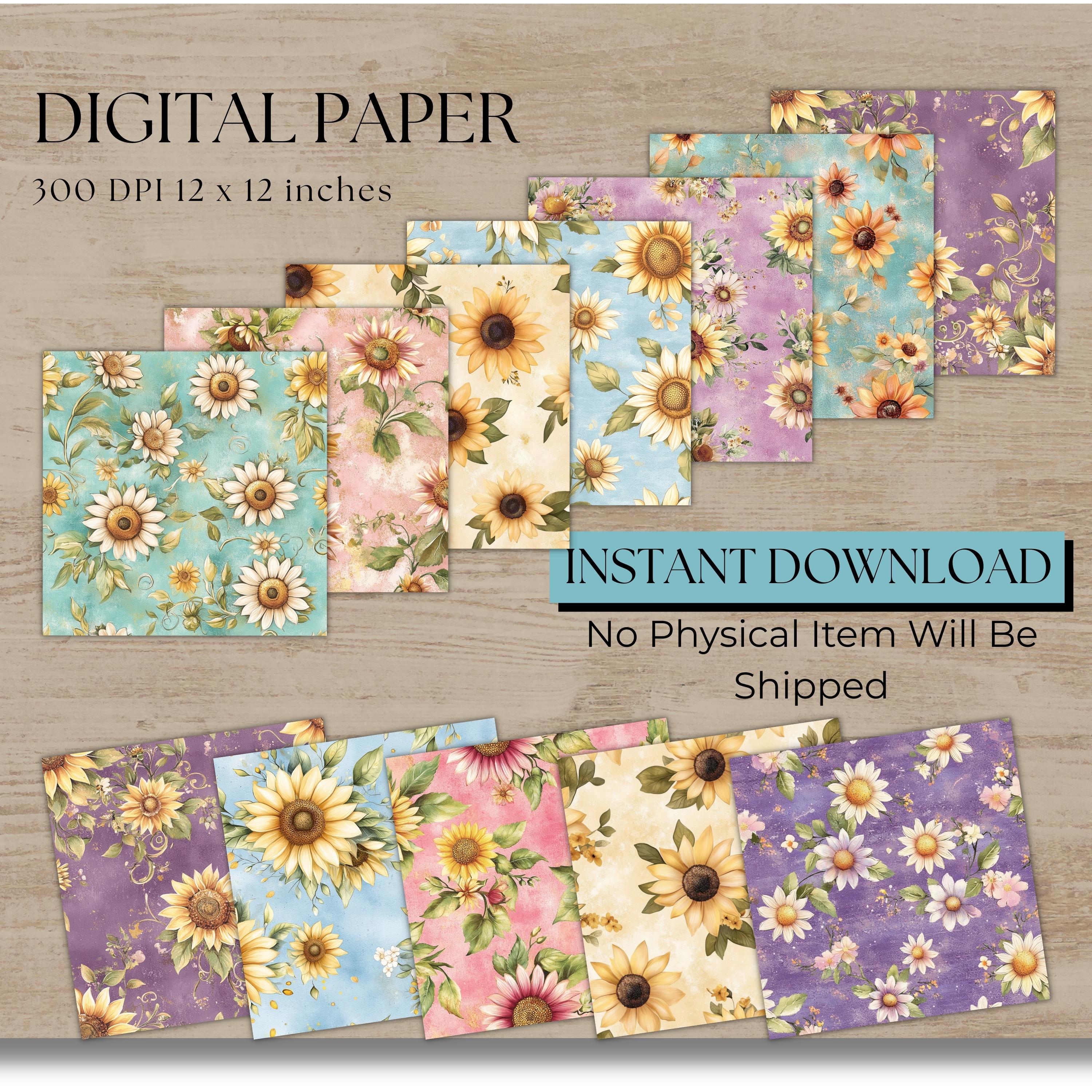 Sunflower Digital Paper Pack, Vintage Floral Backgrounds, 12x12 JPG ...