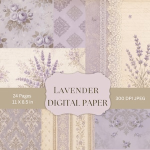 May include: A collection of 24 digital paper pages measuring 11 by 8.5 inches, featuring lavender and cream patterns with roses, damask, lace, and lavender sprigs. The text reads: LAVENDER DIGITAL PAPER, 24 Pages, 11 X 8.5 in, 300 DPI JPEG.