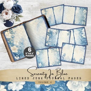 Conjunto de 2 páginas de diário vintage com linhas florais azuis | Kit digital Serenity In Blue | Papel de carta antigo para impressão para artesanato DIY | SB01
