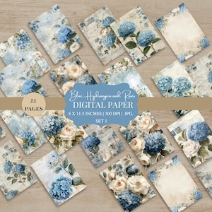May include: A selection of digital paper sheets with a floral design of blue hydrangeas and white roses. The sheets have a vintage style with a light blue and beige colour palette. Text on the image reads "Blue Hydrangea and Roses DIGITAL PAPER 21.6 x 29.2 cm".