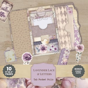 Puede incluir: Un folio de bolsillo con pestañas con temática de lavanda con papel decorativo y detalles florales. El folio incluye múltiples bolsillos y páginas, con el texto "LAVENDER LACE & LETTERS" y "10 páginas de 27,9 cm x 21,6 cm". Incluye cortes extra.