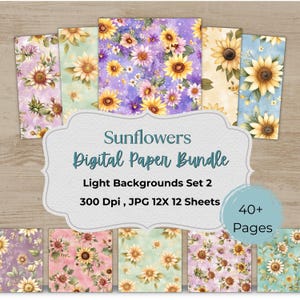 Sunflower Digital Paper Pack, Vintage Floral Backgrounds, 12x12 JPG, Printable Scrapbook Paper, Commercial Use Digital Paper