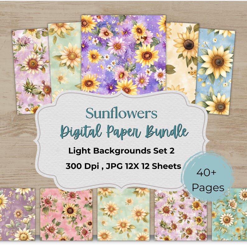 Sunflower Digital Paper Pack, Vintage Floral Backgrounds, 12x12 JPG ...