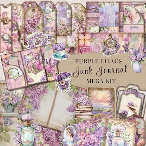 Mega kit de journal indésirable lilas violet, papiers éphémères vintage lilas rustiques, papiers de jardin floral, pages de journal, journal indésirable violet, téléchargement- JJ04