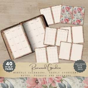 Puede incluir: Un planificador Rosewood Garden con calendarios mensuales, vistas anuales, notas, bolsillos y efemérides. El planificador incluye 40 páginas y mide 27,9 cm x 21,6 cm, cubriendo los años 2026 y 2027. Tiene un diseño floral.
