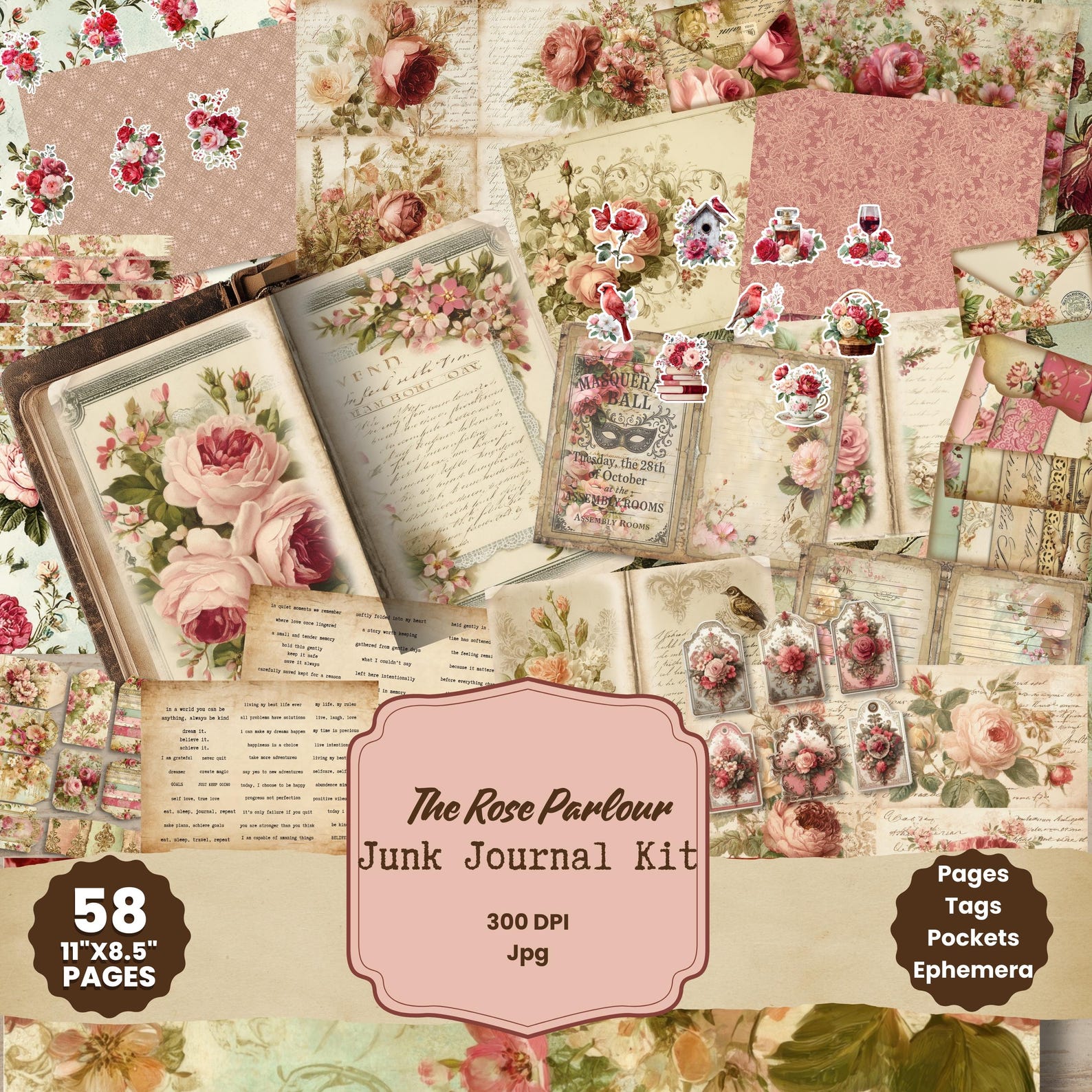 Printable Vintage Rose Junk Journal Kit - Floral Pages & Ephemera RP001 ...