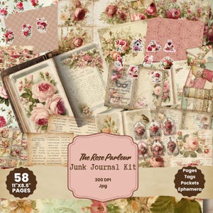 May include: A selection of vintage-style ephemera for junk journaling, with floral designs and aged paper textures. Includes pages, tags, pockets, and other elements. The kit is called "The Rose Parlour" and contains 58 pages, each 27.9 cm x 21.6 cm.