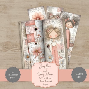Puede incluir: Un conjunto de páginas de diario basura "Busy Bees and Daisy Dreams". Las páginas presentan ilustraciones de niñas, abejas y flores en tonos rosa y crema. El texto en las páginas dice "Tall & Skinny" y "Junk Journal Pages".