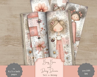 Junk Journal Pages: Tall Skinny, Whimsical Bees and Daisies - Cottagecore Style BB001