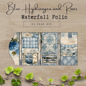 Puede incluir: Un kit de manualidades en papel titulado "Blue Hydrangea and Roses Waterfall Folio". El kit presenta un diseño floral azul y blanco con bolsillos, sobres y papel estampado. El kit incluye 33 páginas.
