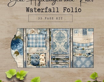 Blue Hydrangea and Roses Waterfall Folio Junk Journal Kit Printable Blue Floral Folio Includes Pages Envelopes Pockets Cards BH001