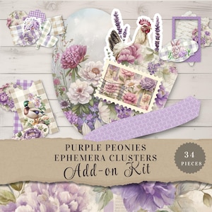 Peut inclure: Un ensemble de grappes d'éphémères de pivoines violettes avec des illustrations florales et animales. Le kit comprend un motif en forme de cœur, un timbre-poste et un coq. Le texte indique "Purple Peonies Ephemera Clusters Add-on Kit" et "34 Pieces".