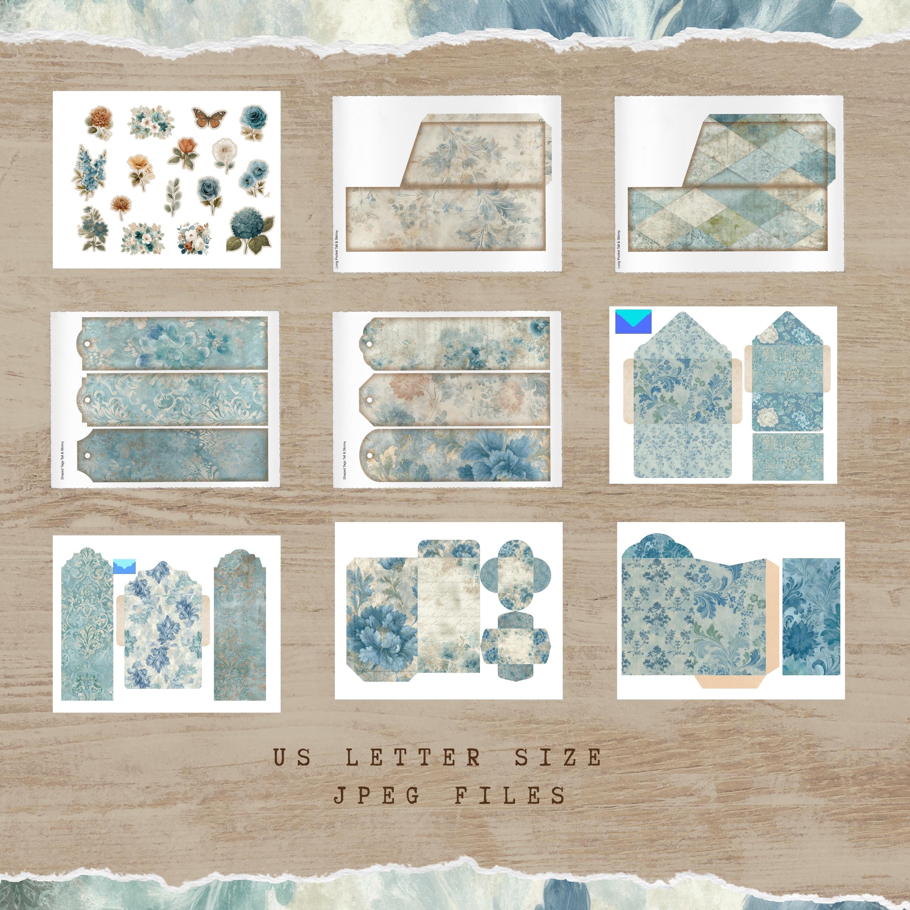 Vintage Junk Journal Kit, Blue Teal Damask Floral Collage (55 Printable ...