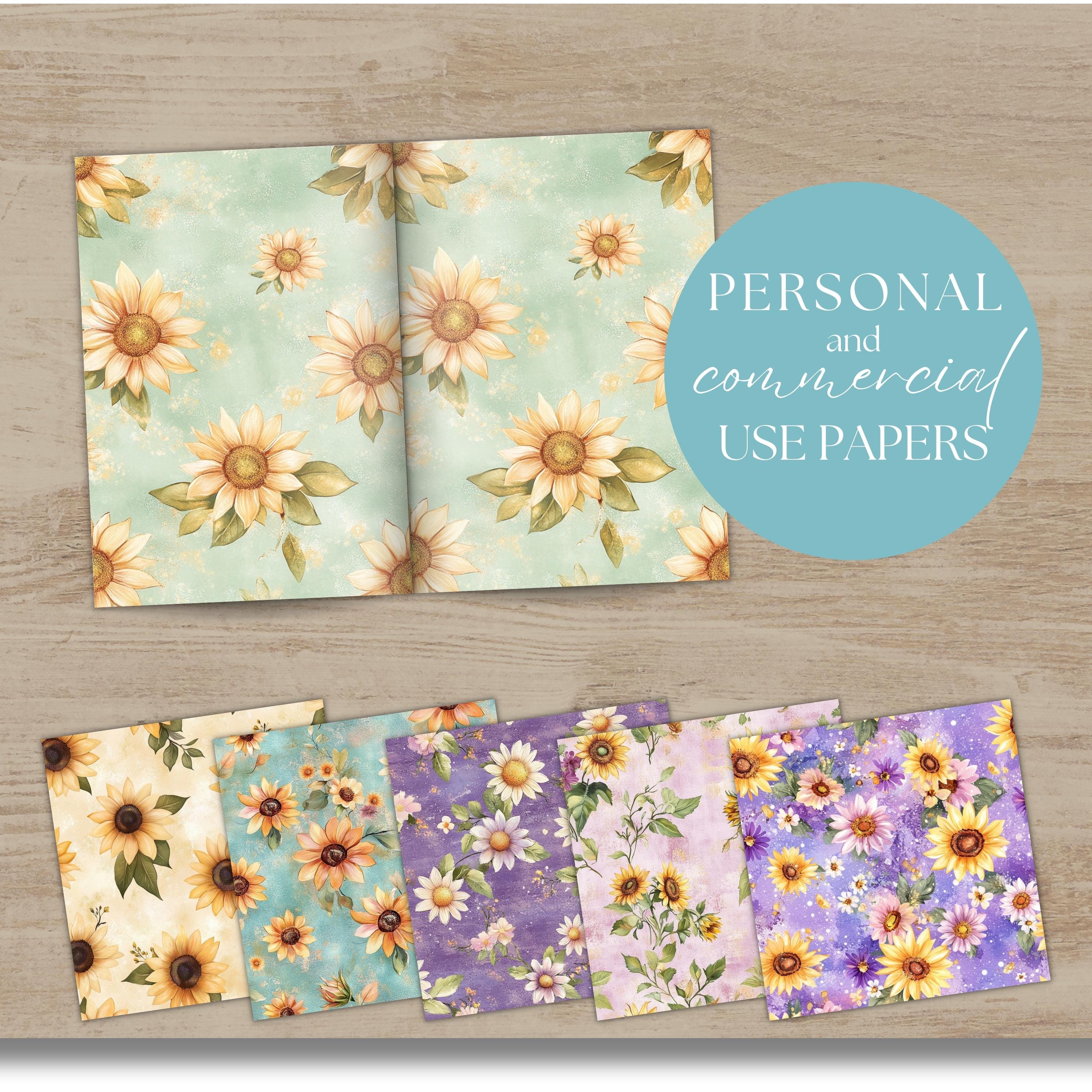 Sunflower Digital Paper Pack, Vintage Floral Backgrounds, 12x12 JPG ...